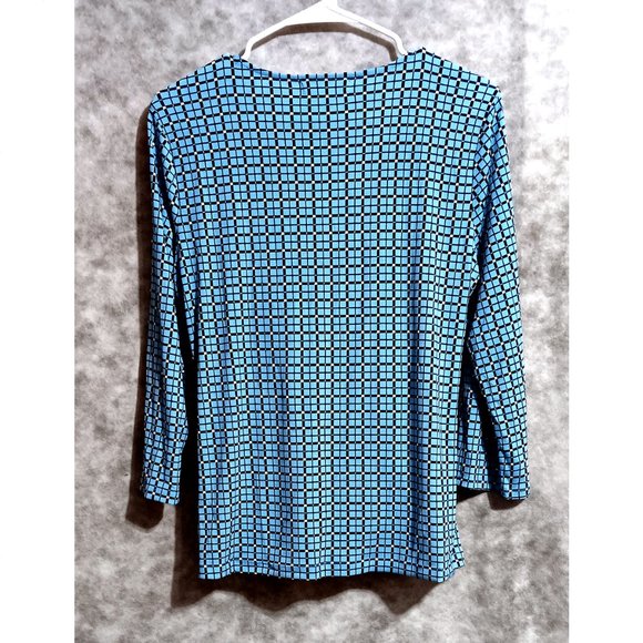Liz Claiborne drapey  top Wmn's Sz L - geometric pattern on blue - Picture 2 of 2